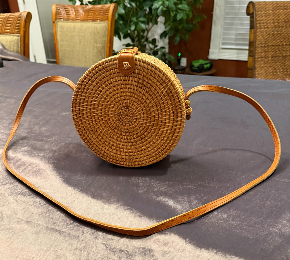 Round Woven Rattan Wicker Crossbody Bag Tropical Print Lining Boho Tan